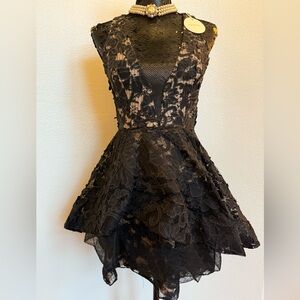 Luxxel Elegant Black Deep V-Neck Lace Dress Size Small NWT